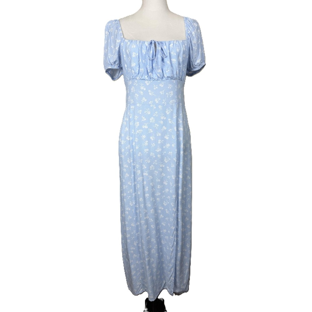 H&M Divided  M Light Blue Floral Maxi Dress Puff Sleeve Smocked Back Square Neck